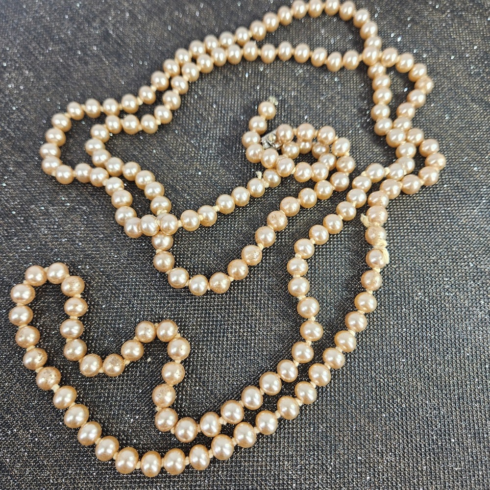 Vintage Faux Pearl Strand Necklace Champagne Rhinestone Clasp 100 Inch Opera Lgt